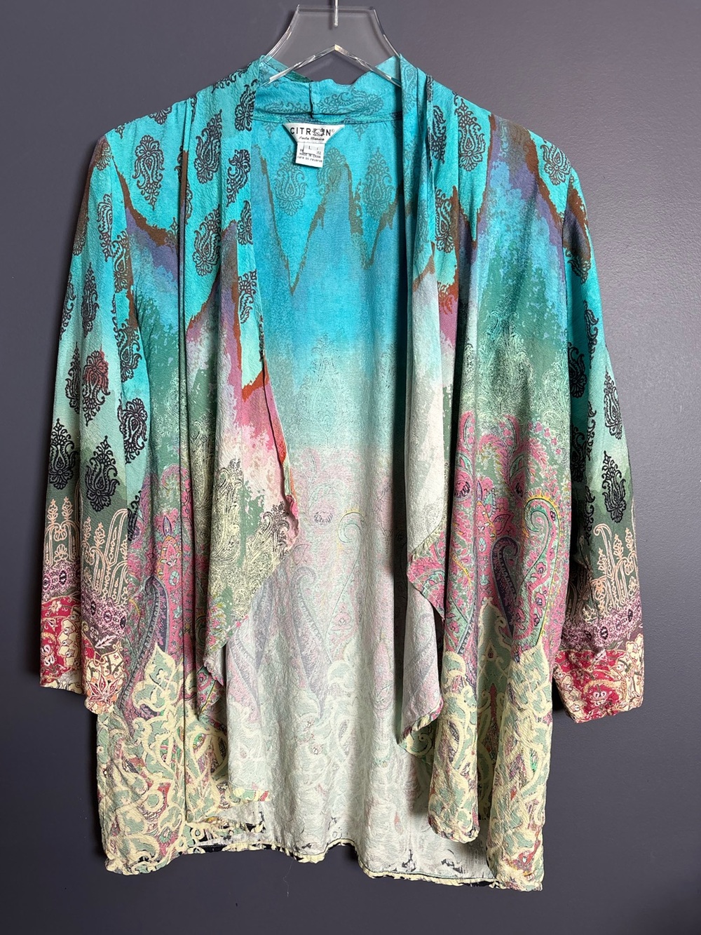 Citron Santa Monica Colorful Silk Paisley Open Cardigan Topper Size Large Boho